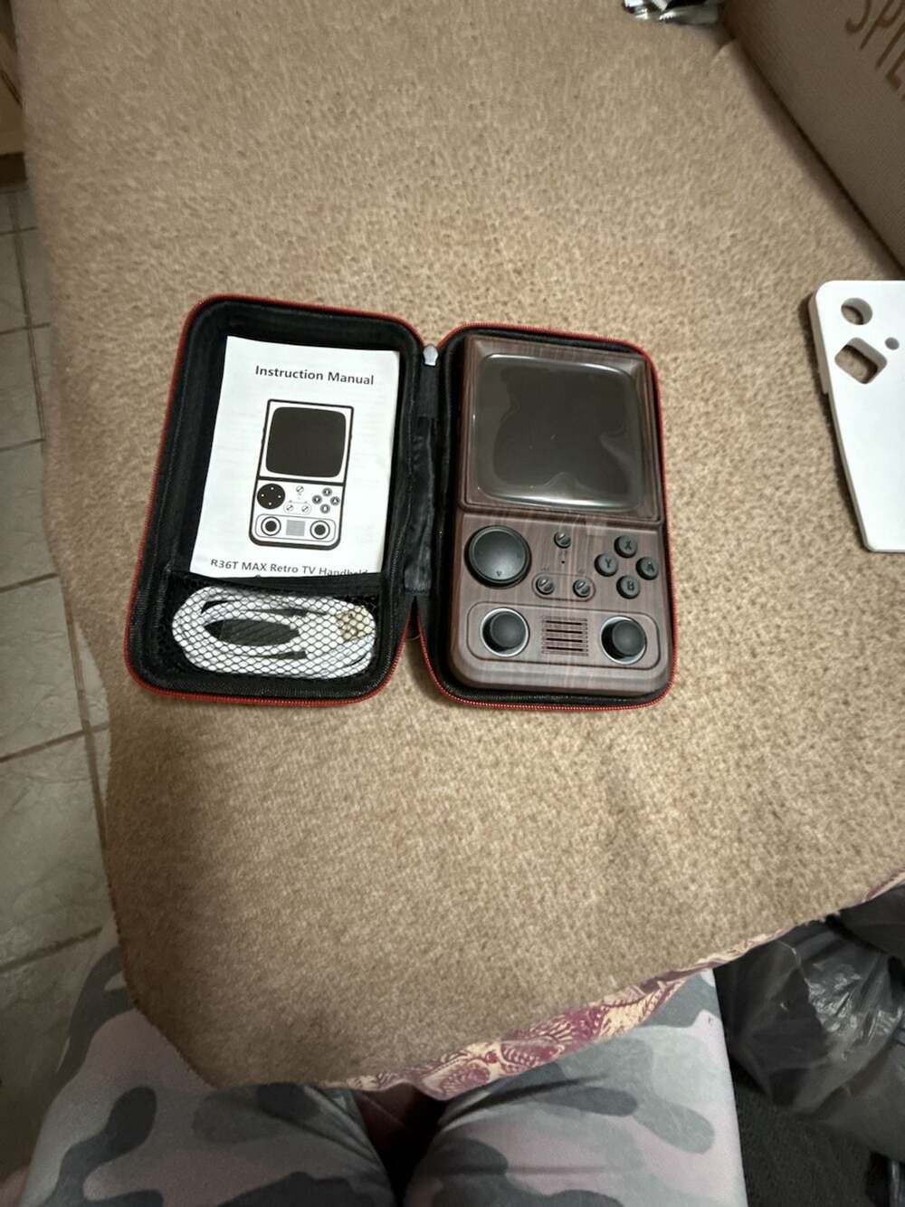 R36T Retro Handheld Game Console Wood Grain With Case and Accessories